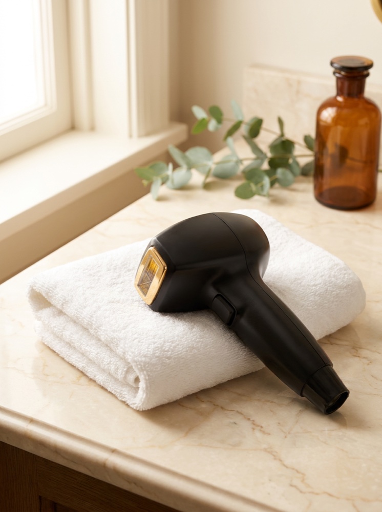 InMode Diolaze XL diode laser handpiece with built-in sapphire cooling, resting on a folded towel in a luxury home setting
