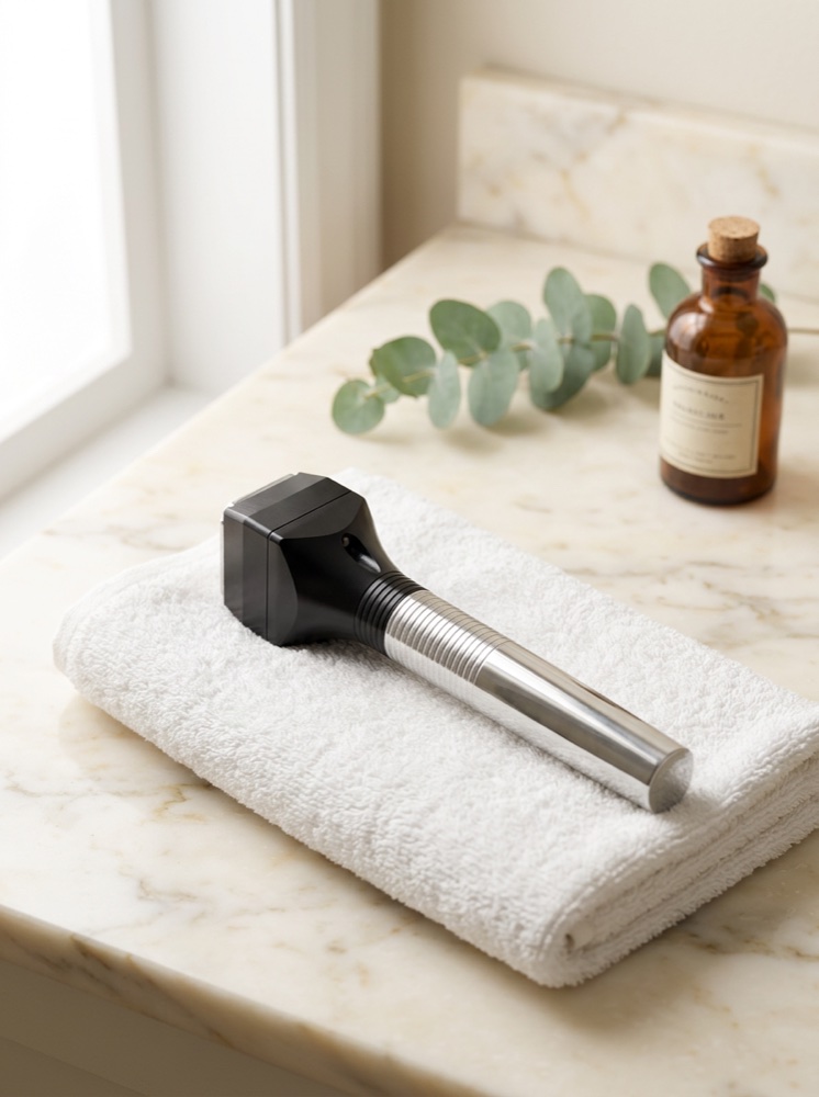 InMode Forma radiofrequency skin-tightening handpiece resting on a folded towel in a luxury home setting