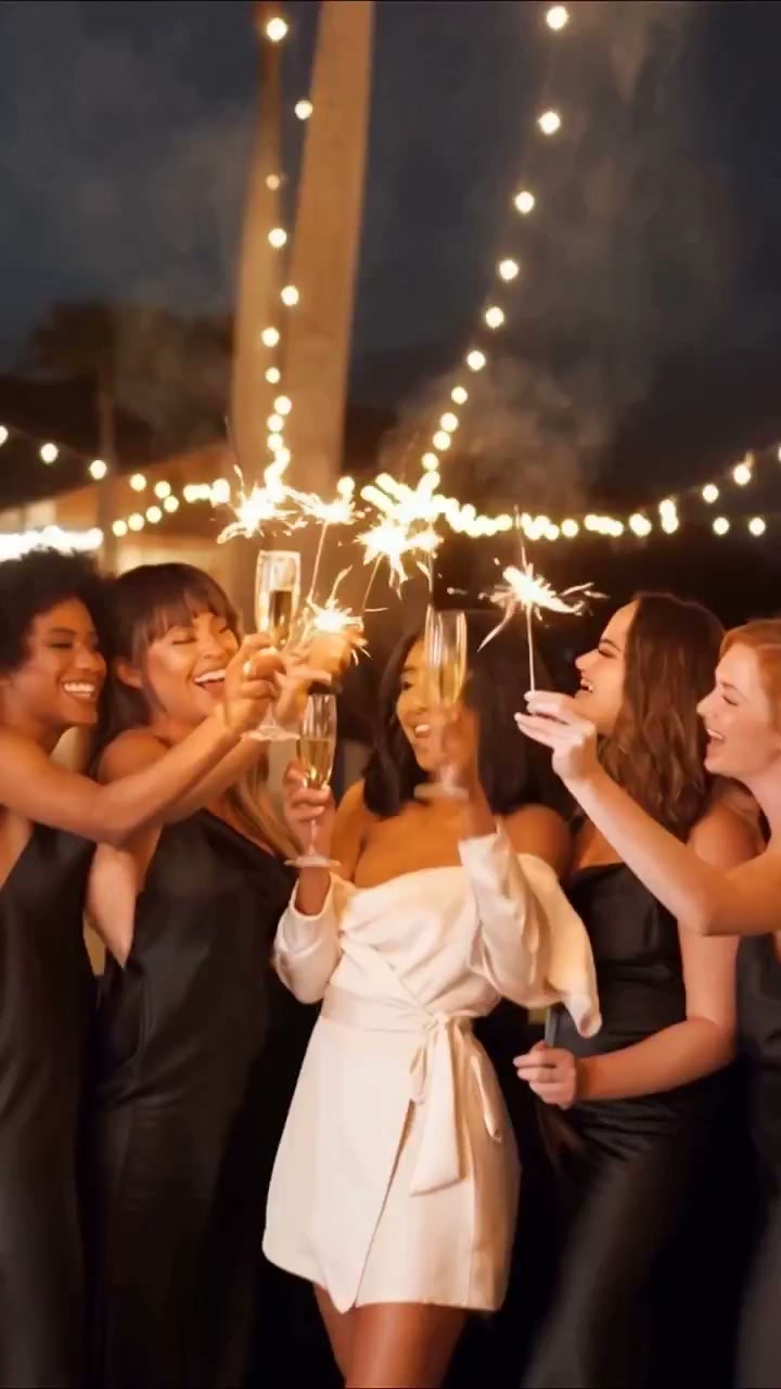 The bride and bridesmaids on a Pelican Hill terrace at night, raising champagne flutes and sparklers under warm string lights — bachelorette weekend covered by Soothe IV's bridal package