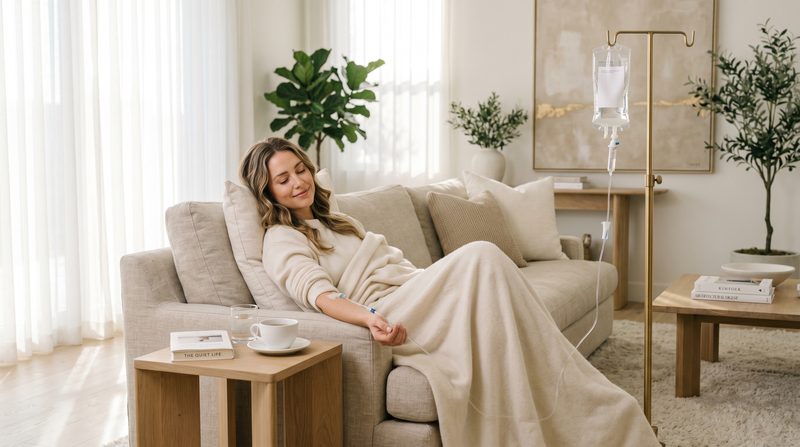 Client relaxing on a linen sofa with an IV drip running from a brass stand in a luxury Orange County home — Soothe IV Recover