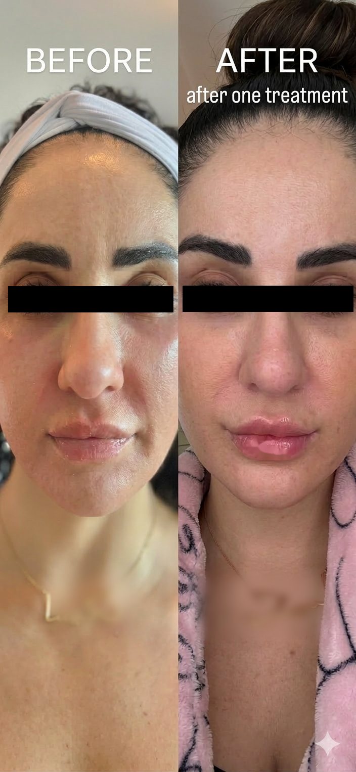 Actual Soothe IV client, under-eye area before and after a single Morpheus8 treatment, eyes redacted for privacy
