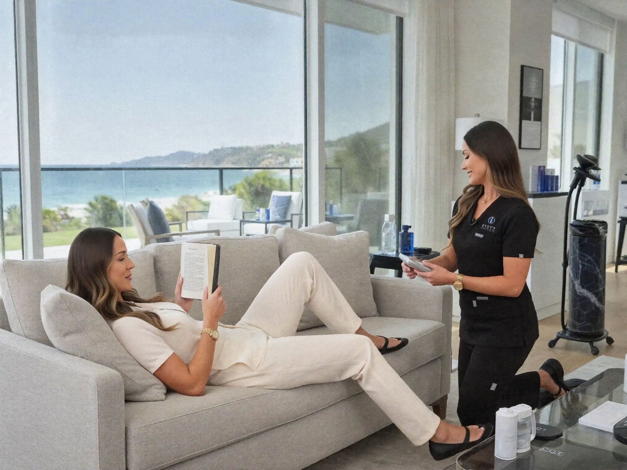 Mobile IV therapy RN job Orange County: Soothe IV nurse administering an IV drip to a relaxed client in a sunlit luxury Newport Beach living room