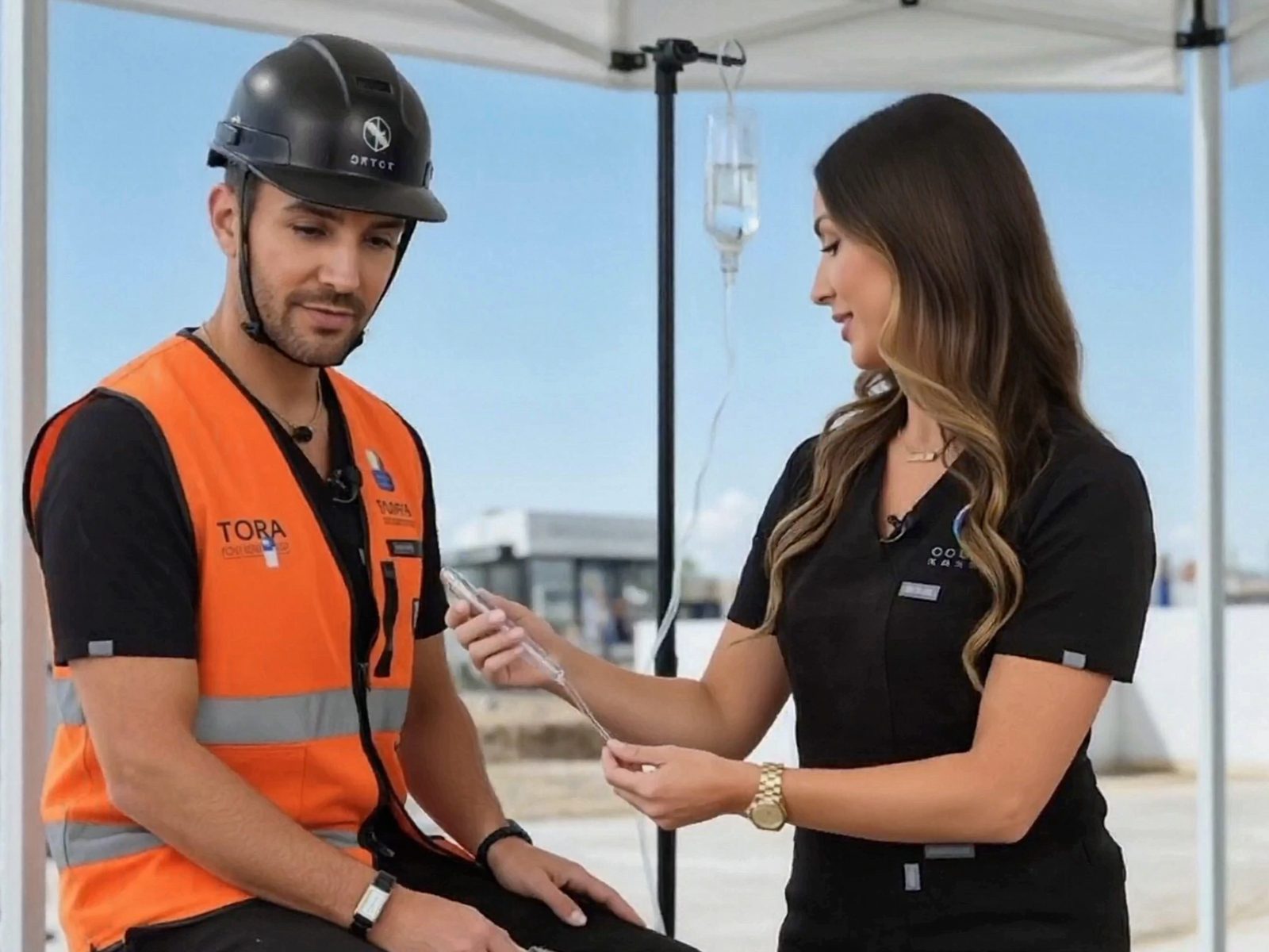 Soothe IV nurse placing an IV for a hi-vis construction worker at an outdoor pop-up hydration tent on a jobsite
