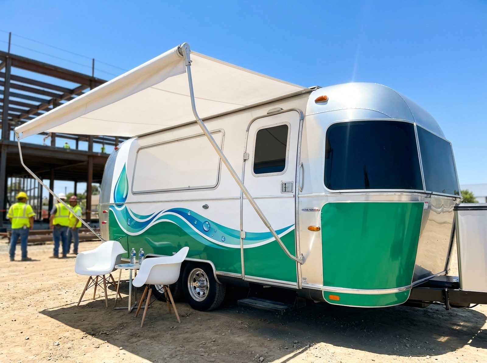 Soothe IV Med Spa branded Airstream mobile hydration trailer parked on a construction jobsite