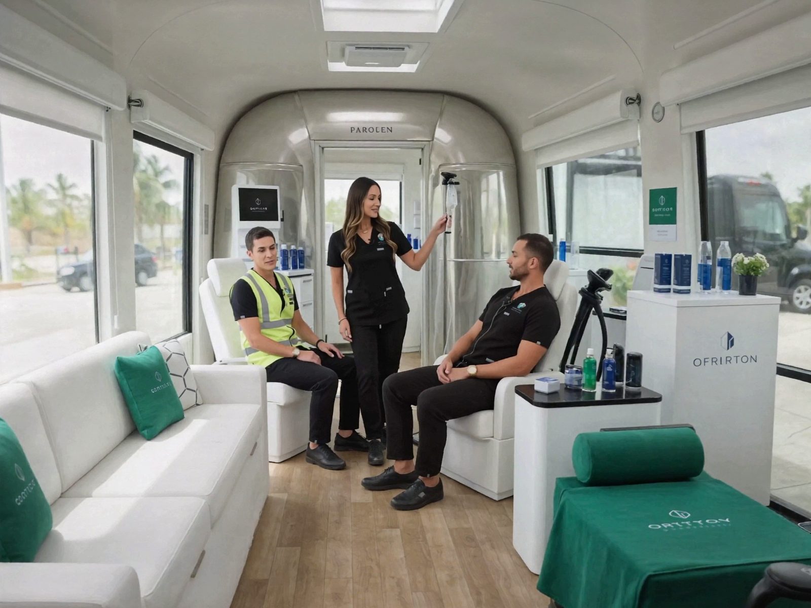 Soothe IV nurse inside the climate-controlled mobile hydration trailer with lounge seating and IV stations