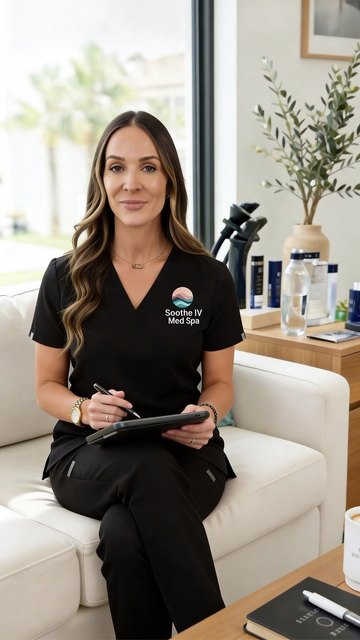 Soothe IV peptide therapy member reviewing a telehealth consultation from a sun-lit home
