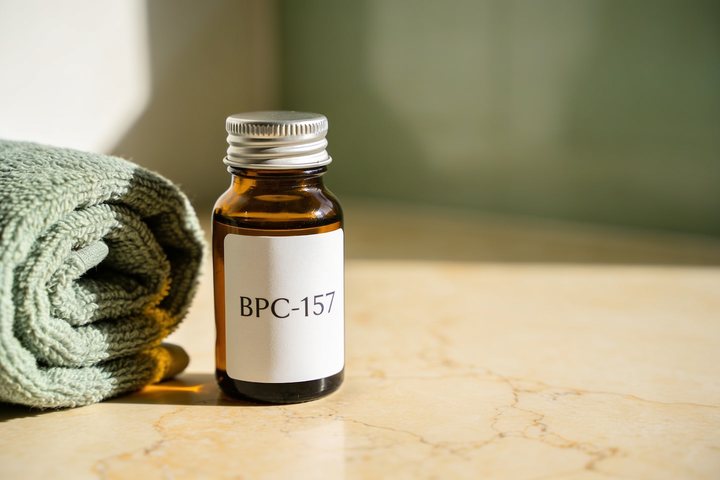 Amber pharmacy vial labelled BPC-157 on warm marble, illustrating a recovery & tissue repair compound discussed in this educational article