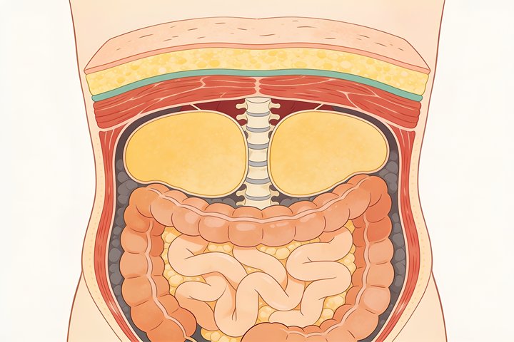 Medical illustration of a cutaway through the abdomen showing skin, a pale yellow subcutaneous fat layer, the red abdominal muscle wall, and, deeper inside, fat packed around the intestinal organs either side of the spine.