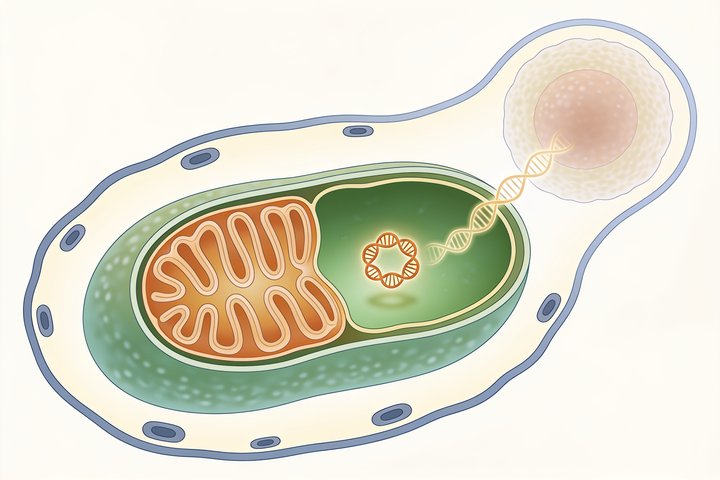 Medical illustration of a cutaway mitochondrion showing the outer membrane, the folded inner membrane and cristae, and a small circular loop of mitochondrial DNA in the matrix, with a pathway leaving the mitochondrion toward the cell nucleus.