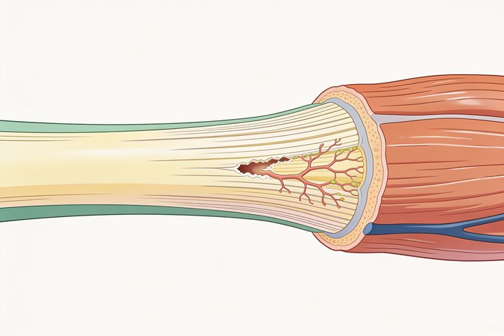 Medical illustration of a cutaway through a tendon where it joins muscle, showing parallel collagen fibre bundles, a small area of fibre disruption, and fine new capillary networks forming around it.
