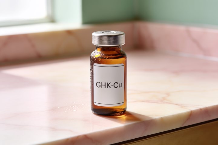 Amber pharmacy vial labelled GHK-Cu on warm marble, illustrating a aesthetics & anti-aging compound discussed in this educational article