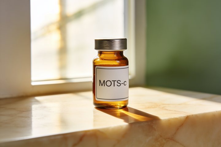 Amber pharmacy vial labelled MOTS-c on warm marble, illustrating a performance & vitality compound discussed in this educational article