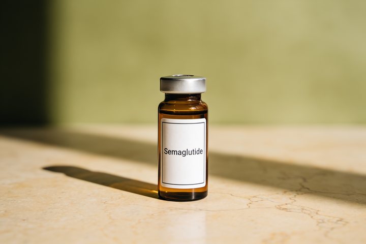 Amber pharmacy vial labelled Semaglutide on warm marble, illustrating a metabolic optimization compound discussed in this educational article