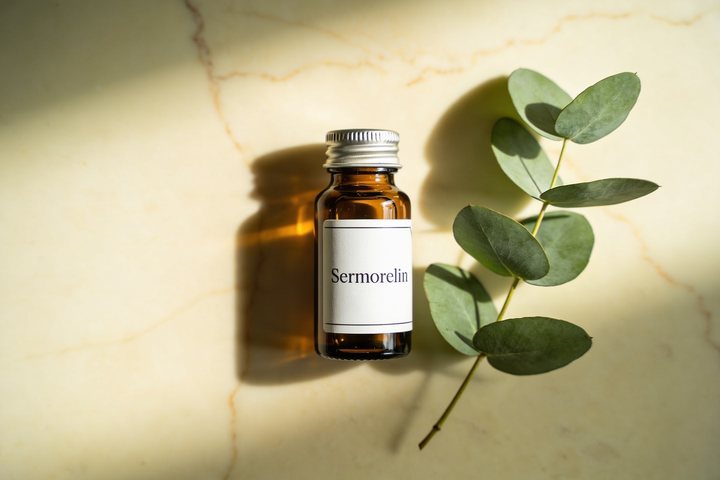 Amber pharmacy vial labelled Sermorelin on warm marble, illustrating a performance & vitality compound discussed in this educational article