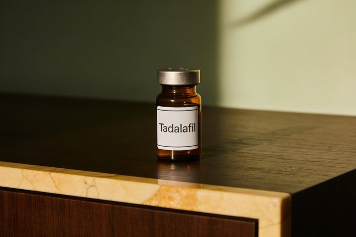 Amber pharmacy vial labelled Tadalafil on warm marble, illustrating a performance & vitality compound discussed in this educational article