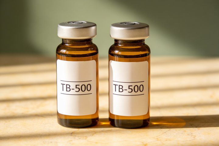 Amber pharmacy vial labelled TB-500 on warm marble, illustrating a recovery & tissue repair compound discussed in this educational article