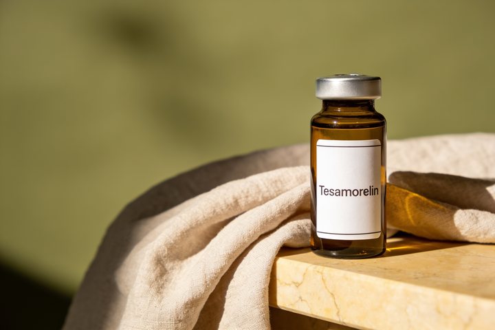 Amber pharmacy vial labelled Tesamorelin on warm marble, illustrating a metabolic optimization compound discussed in this educational article