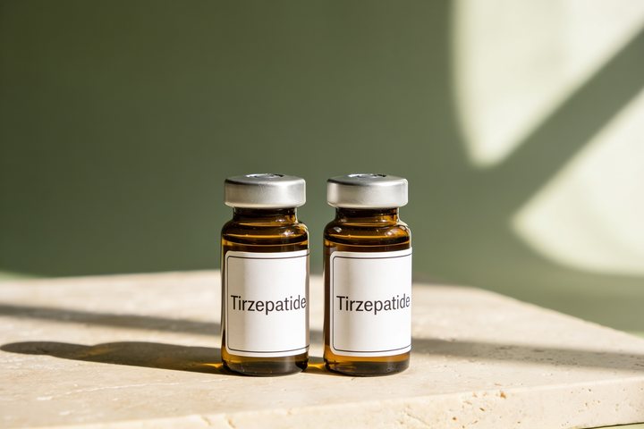 Amber pharmacy vial labelled Tirzepatide on warm marble, illustrating a metabolic optimization compound discussed in this educational article
